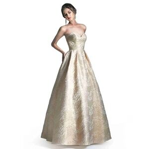 Andrea and Leo 5126 Gold Metallic Brocade Strapless Ball Gown Formal Dress
